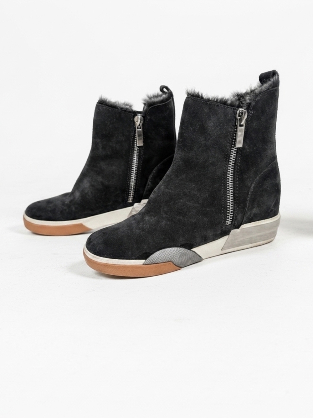 Dolce Vita Dark GRey Suede Zip Faux- Soft Fur Wedge Sneakers - Women's Size 9